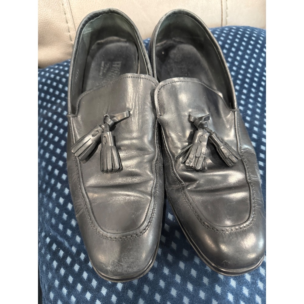 Salvatore Ferragamo Mens Black Leather Tassel Loafers Gancini Made in Italy 12.5